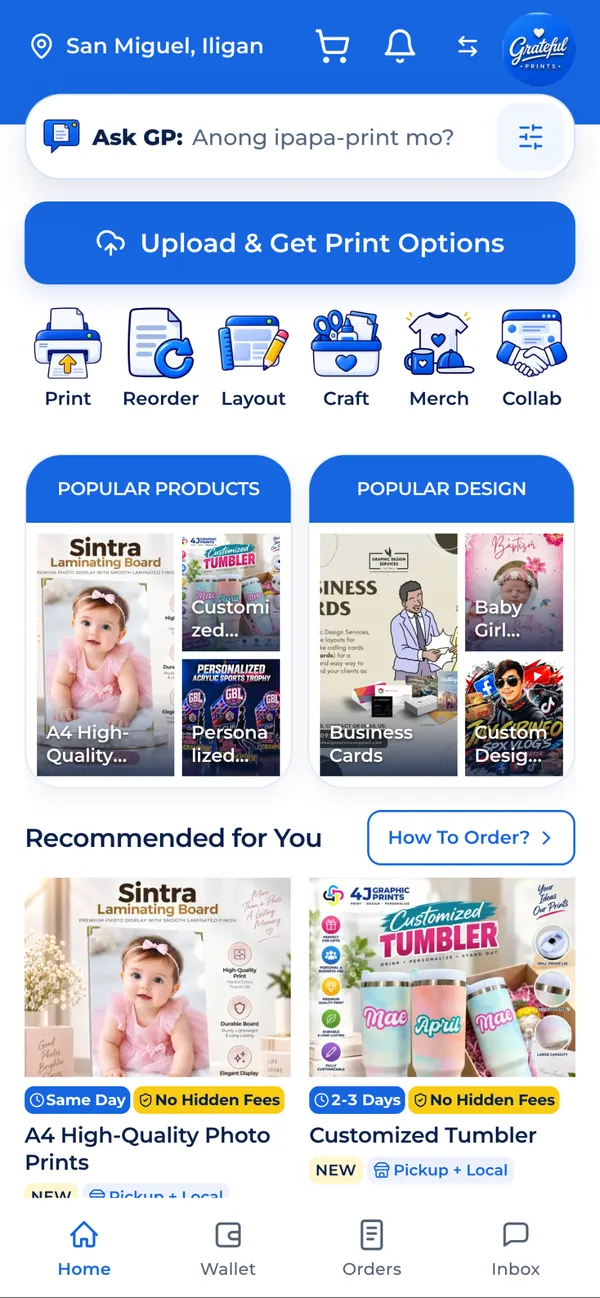 Grateful Prints customer home screen with Ask GP, Upload and Get Print Options, and service shortcuts for Print, Reorder, Layout, Craft, Merch and Collab.