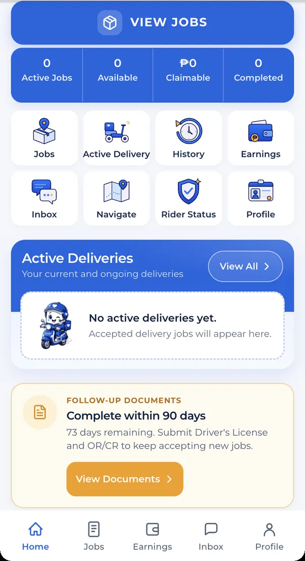 Rider workspace with Jobs, Active Delivery, History, Earnings, Navigate and Rider Status tools.